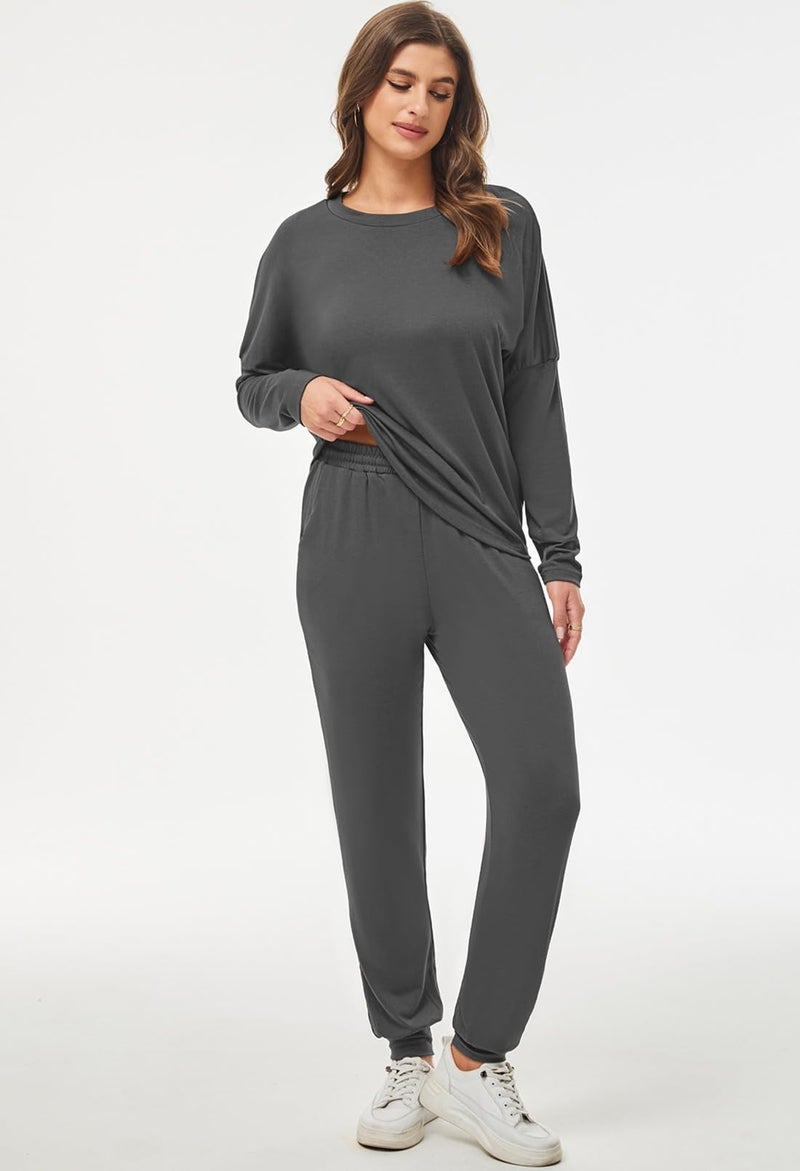 Fixmatti Women Casual 2 Piece Outfits Jumpsuit Long Sleeve Shirt with Long Pant Set Dark Grey XL - Image 4